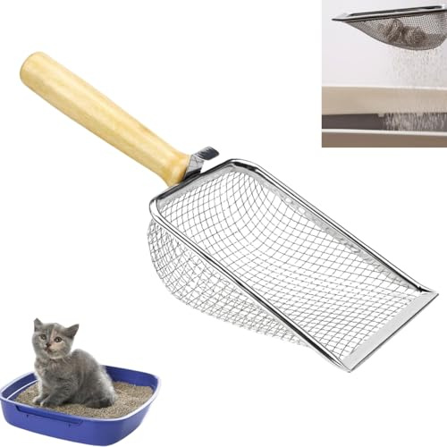 Katzenschaufel Edelstahl für Katzenklo,5 mm Porengröße Katzenklo Schaufel Fein,Katzenstreuschaufel,Katzenstreu Schaufel mit Holzgriff,Cat litter Scoop antihaftbeschichtet,Litter Box Scoop