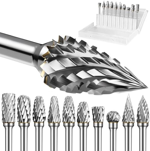 Purecas 10PCS Tungsten Carbide Rotary Burr Set | Double & Single Cut Grinding Bits with 6mm Shank | for Metal, Steel, Wood, Aluminum | Fits Angle Grinder, Drill, Die Grinder for Deburring, Polishing