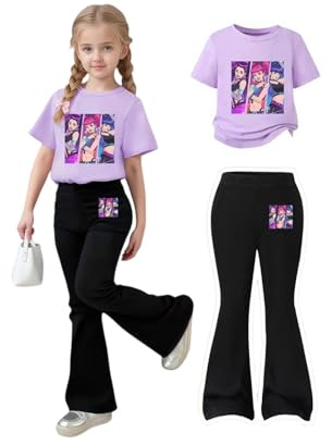K-Pop Completo con T-Shirt e Pantaloni Y2K Tshirt Bambine Magliette Manica Corte Bambina Autunno Moda Estate Tee Streetwear Senza Felpa Hip Hop Felp 2-14 Anni Viola Scuro 9-10 Anni