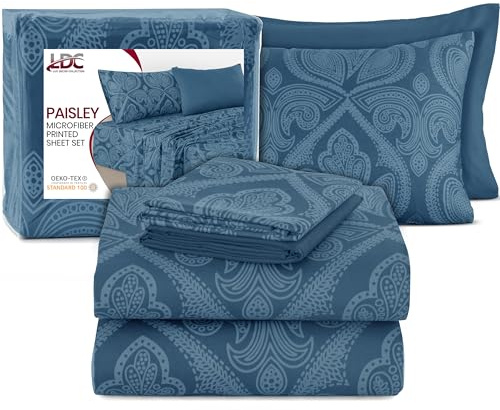 Ultra Soft Wrinkle-Free Microfiber Paisley King Sheet Set, Cute Floral Pattern Boho Print – 16 Deep Pocket Fitted Sheet, Flat Sheet & 4 Pillowcases, Breathable, OEKO-TEX - Navy Blue