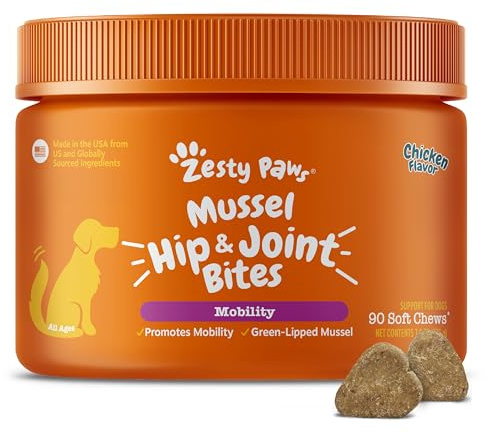 Zesty Paws Mussel Mobility Bites for Dogs - New Zealand Green Lipped Mussel with Natural Glucosamine & Chondroitin + Omega-3 Fatty Acids - Hip & Joint Support Supplement Soft Chews – 90 Count