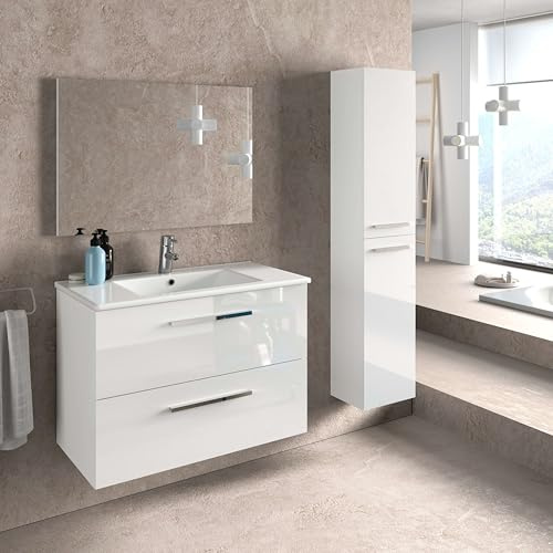 Miroytengo Pack de Muebles de Baño Aruba Blanco con Mueble de Baño Suspendido (80 cm), Columna, Espejo y Lavamanos Cerámico