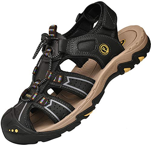 Lvptsh Men's Sports Outdoor Sandals Closed Toe Summer Beach Shoes Leather Casual Trekking Hiking Outdoor Sandals,Black,UK8.5