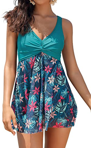 SHEKINI Femme Elégant Maillot de Bain Une Pièce Robe Ruched Bikini Robe De Bain Shorts Plage Fil Net Abdominal Contrôle Amincissante Jupette Beachwear Eté Mode(XL,Vert foncé Y)