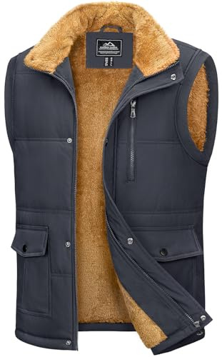 MAGCOMSEN Mens Puffer Vest Winter Quilted Casual Padded Thick Warm Fur Sleeveless Coat Grey L