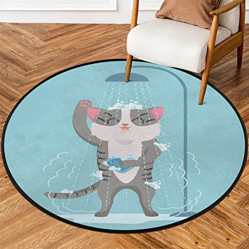 Tappeto da doccia con gattino che sta prendendo un simpatico gattino, diametro di 162,6 cm, tappeto circolare antiscivolo, per interni in difficoltà, per soggiorno, sala da pranzo