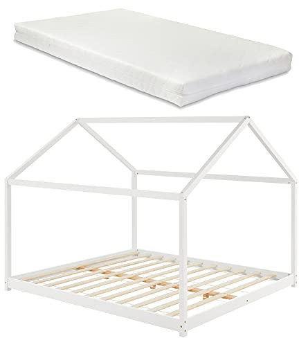 [en.casa] Kinderbett mit Matratze 160x200cm Hausbett mit Kaltschaum-Matratze ÖKO-Tex Standard 100 Bettenhaus Spielbett Kiefernholz Weiß