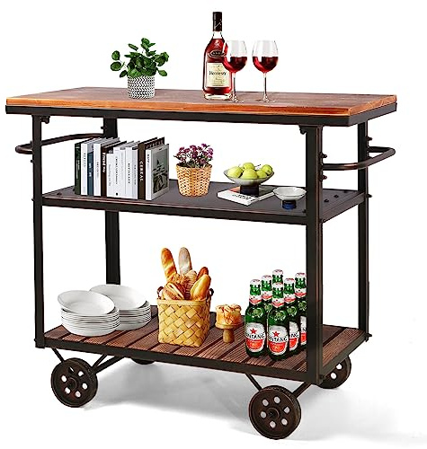 LOKKHAN Rolling Bar Cart with Handle [3 Tier] Home Kitchen Microwave Cart Island On Wheels, Mobile Serving Cart Beverage Cart, Coffee Station (Metal/Wood, Industrial Black/Rustic Brown)