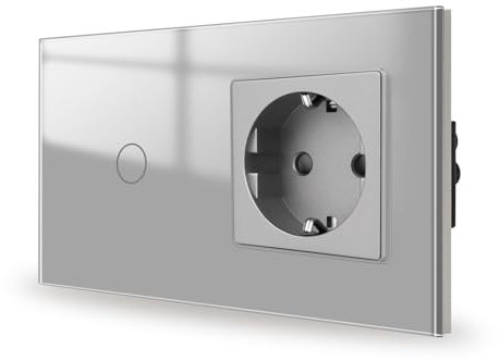 JIMEIDA Touch Lichtschalter mit Steckdose Grau Unterputz 1 Fach 1 Weg, Glas Panel und Status-LED Wandschalter,Kein Neutralleiter Erforderlich,157 * 86mm