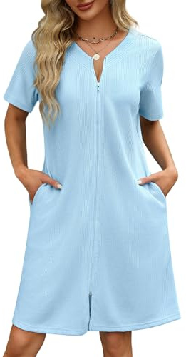 Ekouaer Women Zipper Robes Waffle Short Bathrobe Lightweight House Coat with Pockets Soft Nightgown(Sky Blue, X-Large)