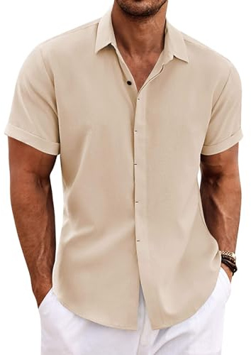 COOFANDY Men's Hawaiian Shirt Summer Short Sleeve Striped Button Down Casual Beach Shirts Light Khaki XXXL
