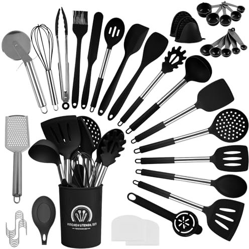 Truevaste 45-teiliges Küchenhelfer Set Silikon, Schwarz Küchenutensilien Set mit Utensilienhalter und S-Haken zum Aufhängen, Hitzebeständiges, Spülmaschinenfestes