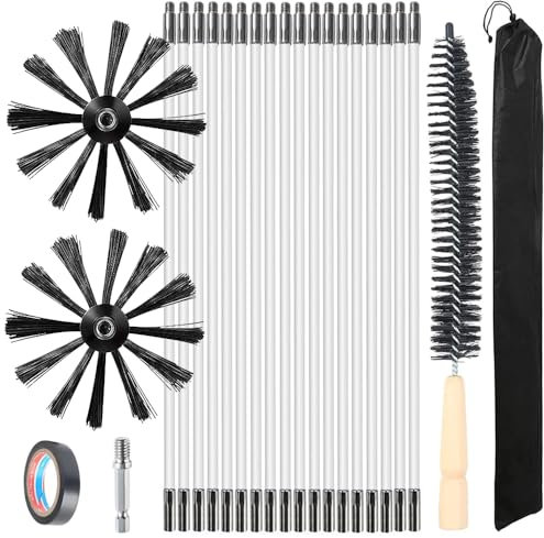 Junhui Kit Brosse Nettoyage Cheminée, Cheminées Brosse Kit de Ramonage avec 18 Tiges Flexibles, 2 Têtes de Brosse Ø100mm et 1 Longue Brosse en Bois pour Tuyaux de Chaudière Tuyaux de Ventilatio