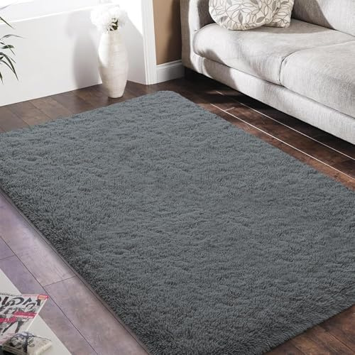 HOKXUAN Alfombra de Pelo Largo 170 x 150 cm Parte Inferior Antideslizante,Suave Alfombra de Comedor Varios Tamaños para Salón y Pasillo, Gris Oscuro