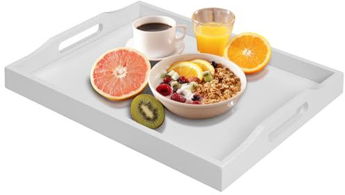 Plateau de Service en Bambou avec poignées, Plateau de Rangement décoratif pour Le thé, Les collations, Le dîner, la Cuisine, la Salle de Bain (Blanc)