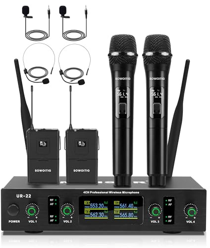SOWOITIG Kabelloses Lavalier-Mikrofon mit Headset und Handmikrofonen – Professionelles 4-Kanal UHF Funkmikrofonsystem, 90 m Reichweite für Kirche, Karaoke, Hochzeit, Party, Familienfeier