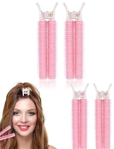 4Pcs Pink Hair Rollers with Clip,Portable Hair Volume Clip,Volumizing Hair Root Clips,Bangs Curler DIY,Self Grip Volume Root,Hair Rollers,Styling Tools Accessories