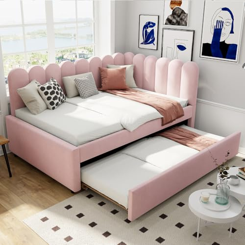 Zepneiy Canapé-lit en L rembourré (140 x 200 cm), avec lit gigogne, Dossier à Motifs Floraux, Canapé-lit Moderne, Rose, Tissu Velours (Matelas Non Inclus)