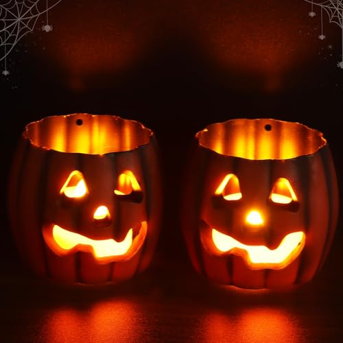 Capgoost 2 Pezzi Candele LED Halloween, Zucche Decorative Autunnali Candele, Candela halloween Senza Fiamma, Lumini LED Batteria, Halloween Decorazioni Tavola per Interni Festa Carnevale