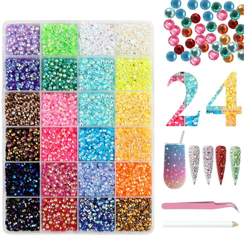 BUTBU 24 färger, 4 mm gelé-strass, 12 000 glitterstenar, Bedazzler Kit, nagelkonststrass, flatback, ädelstenar, runda, med pincett, punktpenna, för pyssel, naglar, textil