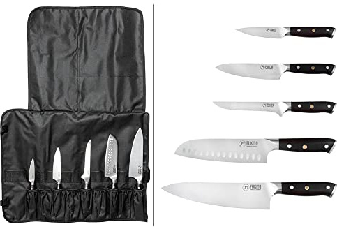 Fukito Ebène X50 - Mallette 5 Couteaux de Cuisine Design Japonais Office + Universel + Désosser + Santoku + Chef, Lames Acier Inox Allemand au Carbone, Manches Bois d'Ebène, Mallette 9 Places