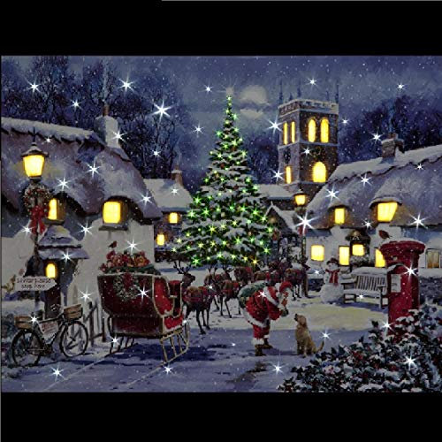 Snowtime Battery Operated Fibre Optic LED 40x30cm Santa & Village Canvas
