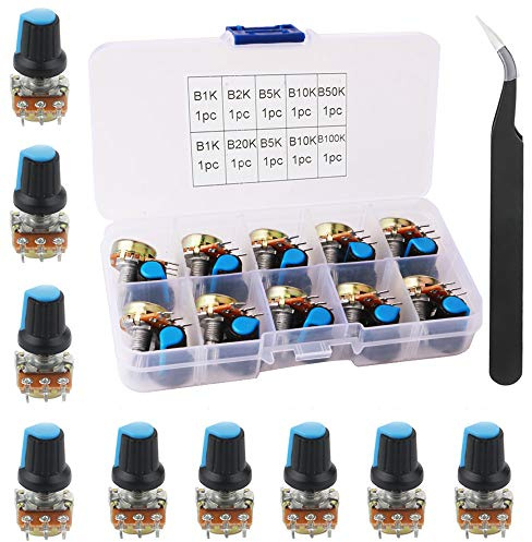 RUNCCI-YUN Potenciómetro 20K 2K 50K 100k 1k 10k 5k kit de potenciómetro rotativo de cónico, eje WH148 3Pin 15mm con tuerca y anillo de hierro y pinzas antiestáticas