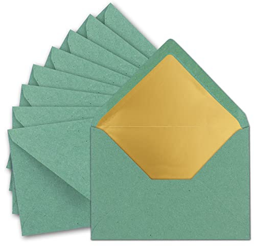 25x DIN C5 Kuverts 15,6 x 22 cm aus Kraft-Papier in Eukalyptus (Grün) mit goldenem Seidenfutter - Nassklebung - Blanko Brief-Umschläge aus Recycling-Papier - Serie UmWelt
