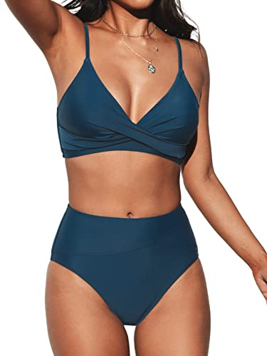 CUPSHE Women's Twist Front High Waisted Bikini Set V Neck Padded Two Pieces Bathing Suits Swimsuits Dark Blue S