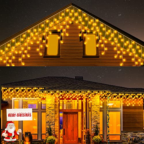 cshare Icicle Lights Outdoor, 13M Icicle Christmas Lights Mains Powered with Timer & Waterproof &Memory Hanging Fairy Light for Outside House Gutter Roof Wall Xmas Decorations-Warm White