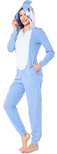 Ladeheid Mujer Traje de Dormir Pijama de una Pieza de algodón Mono de Dormir con un Motivo Animal con Capucha LA40-234 (Tiburón Azul, M)