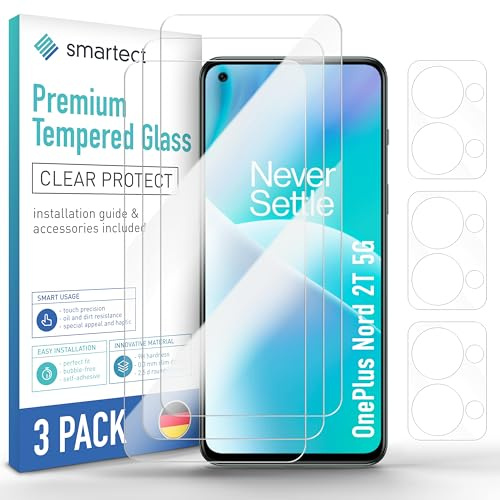 smartect [3 +3 Stycken, Clear] Skärmskydd kompatibel med OnePlus Nord 2T 5G, Skärm + Kamera, HD Screen Protector i Härdat Glas 9H, Bubbelfri Installation, Anti-Fingeravtryck