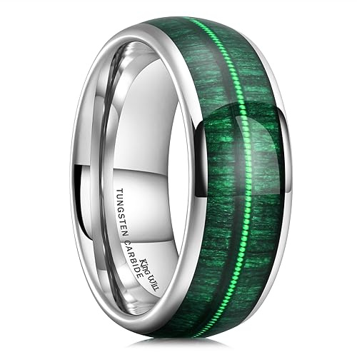 King Will Tungsten Wedding Band Promise Ring for Men 8mm Silver Domed Polished Ring with Green Wood Inlay Green Steel Wire 9.5