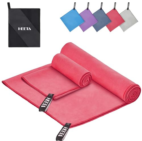 HEETA Sportmikrofiberhanddukar set 2 stycken (80 x 40 cm 180 x 90 cm) – mjuka snabbtorkande handdukar för fitness, strand och utomhusaktiviteter, mikrofiberhandduk med förvaringspåse, rosa