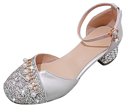 koperras Große Kinder Mädchen Prinzessinnenschuhe mit geschlossener Zehenpartie, Perlenverzierung und Klettverschluss, glitzernde Prinzessinnenschuhe für Party, Hochzeit, (Silver, 30.5 Little Child)