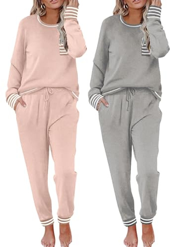 Ekouaer 2 Pack Womens Pajama Sets Long Sleeve Lounge Sets Soft Pj Sleepwear Loungewear Pink & Grey Small