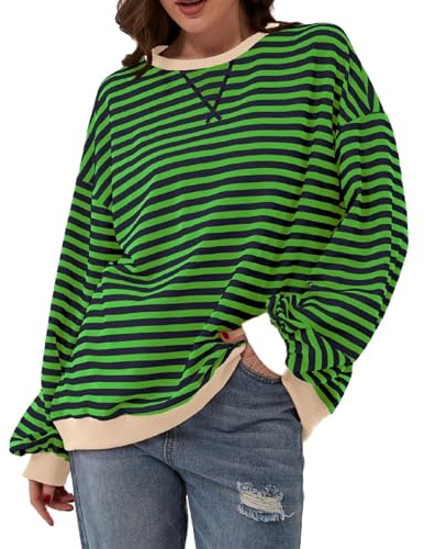 Femmes Y2K Sweat-Shirt Manches Longues Oversized Bloc de Couleurs rayé Sweat-Shirt Manches Longues à col Rond Rayures Casual Oversize Confortable T-Shirt Sport Gym Athlétique Baggy Sweat-Shirt