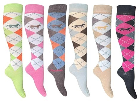 Cozy Flair Women’s Knee High Socks - 6 Pairs | Argyle Horses Design | Multicolored Cotton Rich | Equestrian Riding Boot Socks | Fits UK 4-7, EU 35-39 | Stylish and Comfortable for Everyday Wear