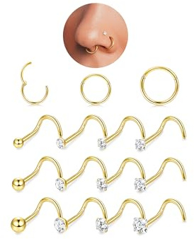 FIOROYAL Piercing Nariz 20G 18G Acero Quirurgico Oro Plata para Mujer | Disponible en forma L espiral y clicker aro, tamaños 6/8/10mm, compatible para nostril y helix