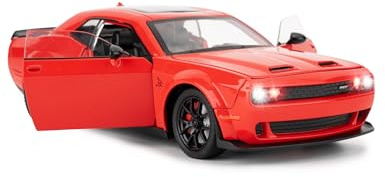 1/24 Dodge Challenger SRT Hellcat Auto Coleccionable Diecast Modelo con Luces y Sonidos, Juguetes Pull Back para Adultos y Niños Cumpleaños Regalos Decoración (Rojo)