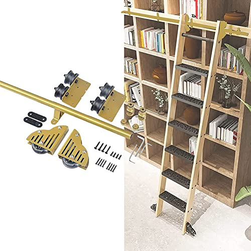 Kit hardware a scala scorrevole per biblioteca, binario rotondo, rullo per pavimento + accessori di prolunga, sistema mobile per uso domestico e interno (scala non inclusa)