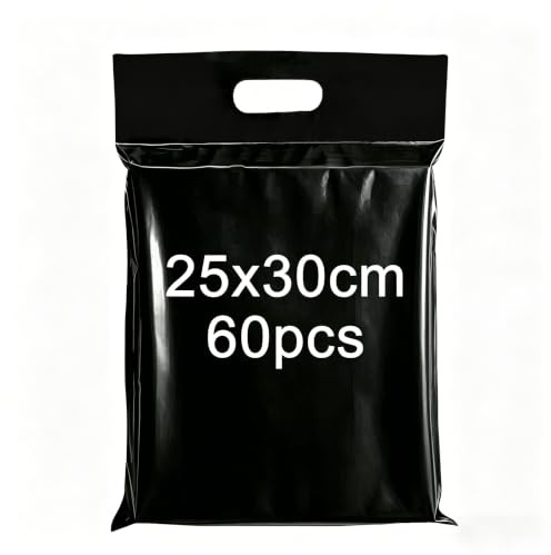 PDKKFF 60 pièces Enveloppe Plastique Expedition Noir 25x30cm, Pochette Envoie Colis Vinted avec Poignée, Emballage Colis Vinted, Autoadhésive Sac, Opaques Sachet pour Textiles et Boîtes à Chaussures