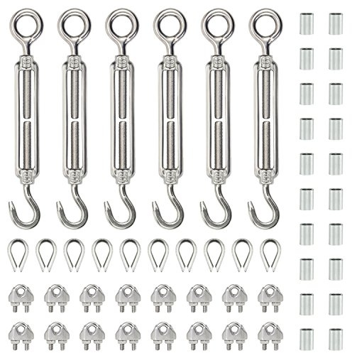 DYWISHKEY 6-Pcs Turnbuckle Tension Wire Rope with Eye&Hook (M6), 16-Pcs 1/8 Inch Wire Rope Cable Clip Clamp (M3), 10-Pcs Thimble (M3), Stainless Steel Kit (1/8 Inch Wire Rope Cable Kit)