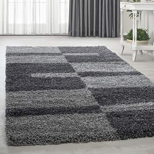 HomebyHome Alfombra Shaggy 140x200 cm Gris con patrón a Cuadros flokati, versátil y Decorativa, fácil Cuidado, Ideal para salón, Dormitorio o habitación Auxiliar