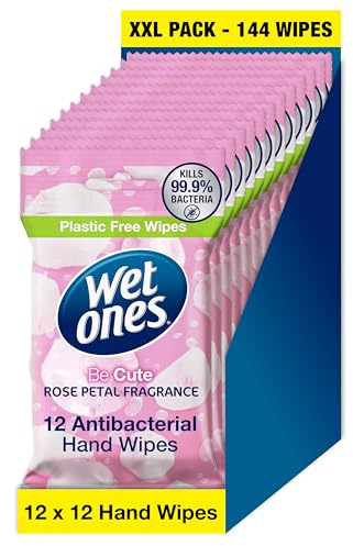 WET ONES - Be Cute, Plastic Free Anti-bacterial Bio-degradable Hand Wipes, 144 Total - 12 packs of 12 wipes