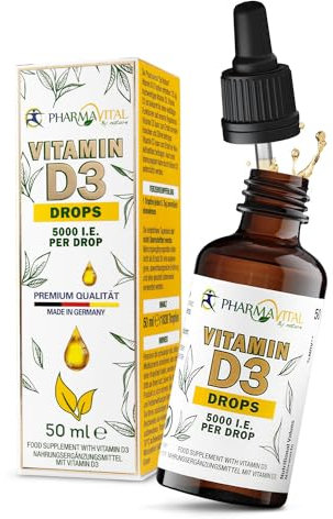 Pharmavital Vitamin D3 Tropfen 5000 50ml flüssig (1830 Tropfen) - Laborgeprüfte 5000 I.E. pro Tropfen - Immunsystem stärken, für Knochen und Muskeln - Hochwertig: sehr hohe Stabilität, vegetarisch