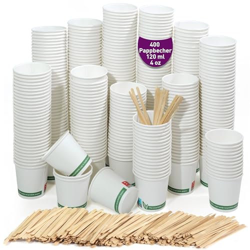 400 gobelets à café jetables en carton blanc 120 ml, gobelets jetables en carton blanc avec agitateurs à café en bois. Pour les boissons chaudes et froides.