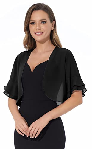 Women Shrug Soft Chiffon Open Front Sheer 3/4 Sleeve Bolero Cardigan for Evening Dress(Black,XXL)