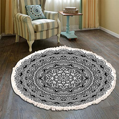 Runder Bohemian Teppich - Mandala Muster Mit Quasten, Waschbare Baumwolle für Wohnzimmer Schlafzimmer (120cm, Weiß-Schwarz)