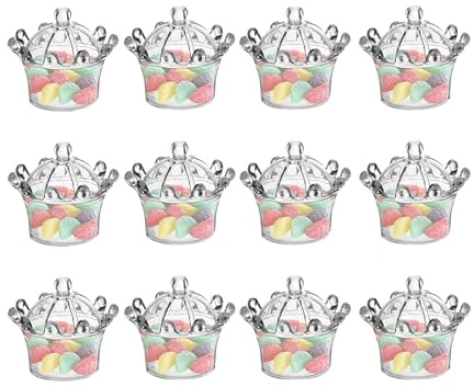 Beufee 12 Pezzi Bottiglie Di Caramelle, Scatole Trasparenti per Bomboniere Scatole Di Caramelle Acriliche a Forma Di Corona Trasparente Baby Shower Confezione Regalo Matrimoni (Chiaro)